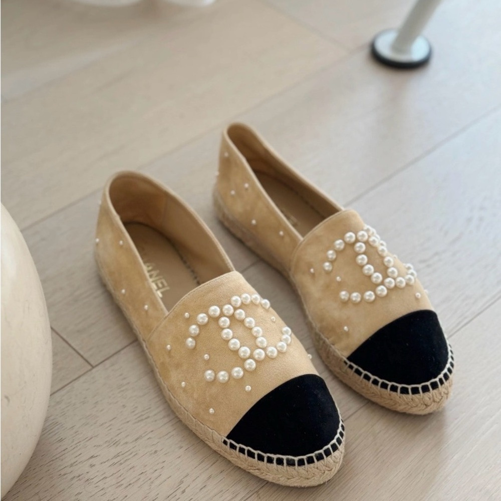 CHANEL Tan and Black Espadrilles with Pearl Accents